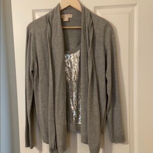 Gray Open-Front Sweater with Sequin Detail